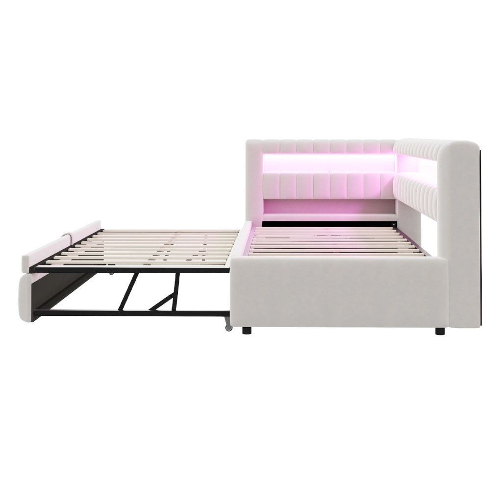 Divano letto estraibile 90x200 cm con LED, USB e vani integrati beige