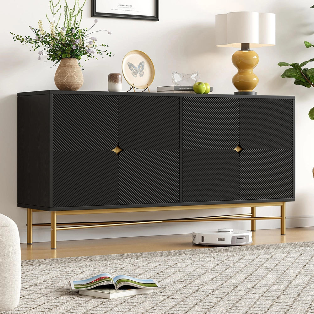 Credenza 160cm Texturizzata - Xylo - 4 Ante con Maniglie Oro, Colore Nero
