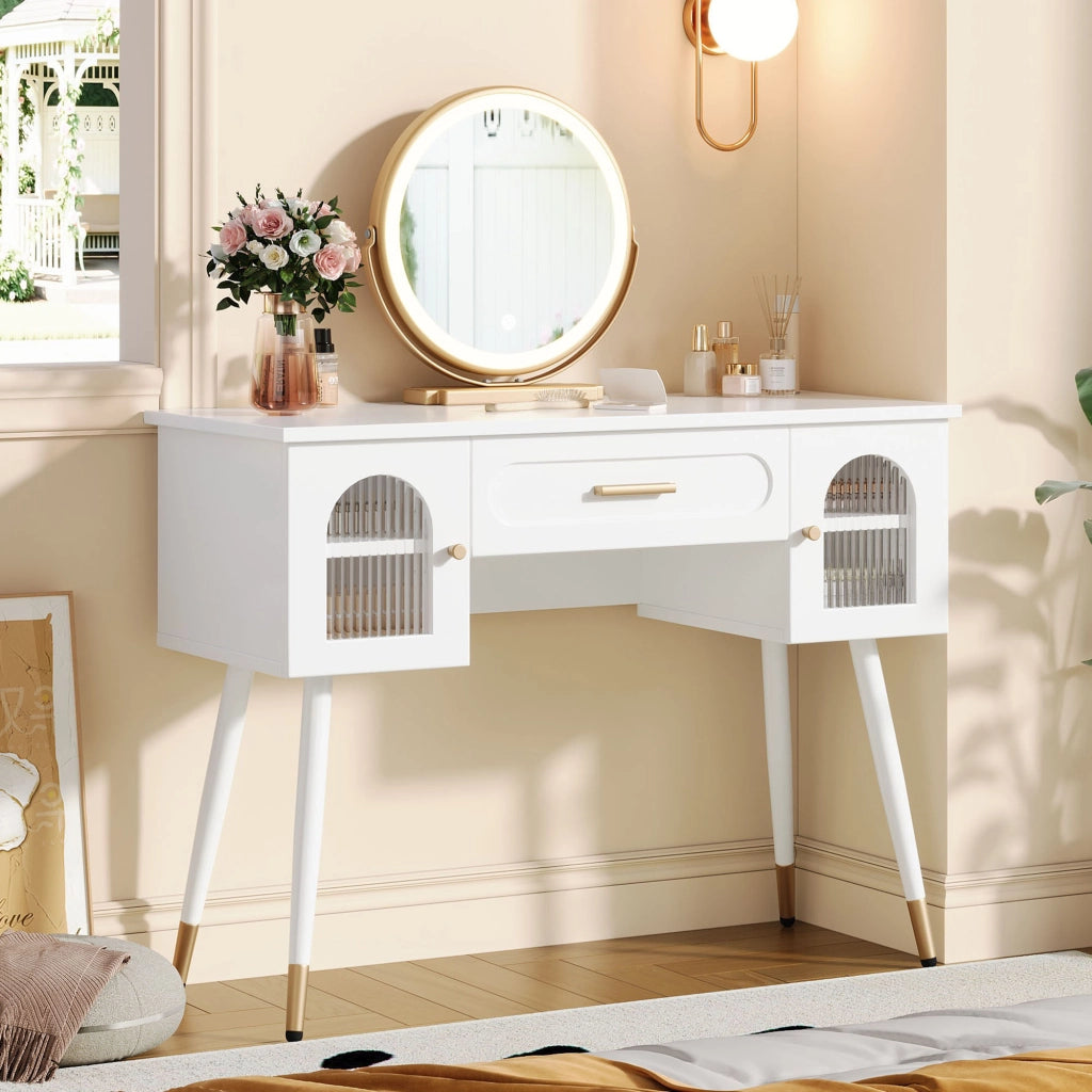 Toeletta con specchio LED; 1 cassetto e 2 ante; per camera da letto; 100×42×112 cm; bianco oro