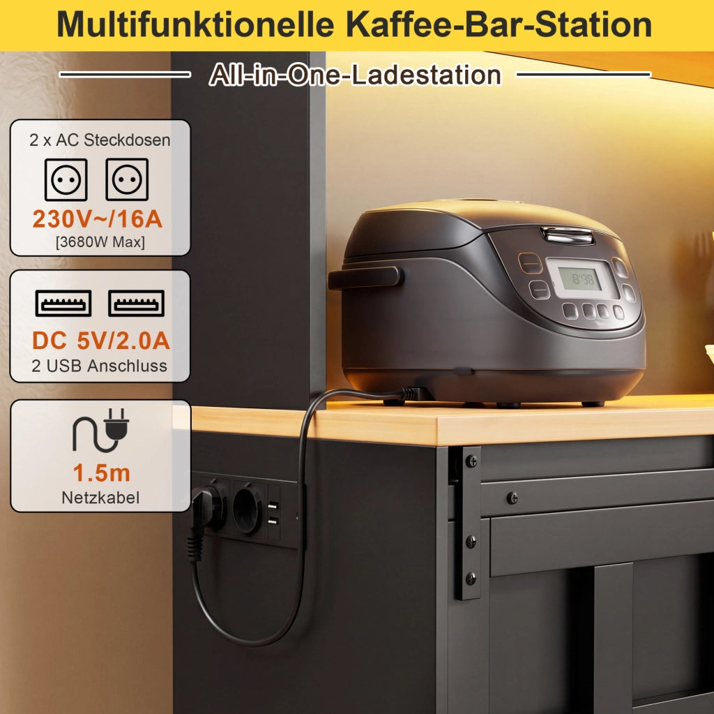 Credenza da cucina LED RGB con prese USB e 4 cassetti, nera