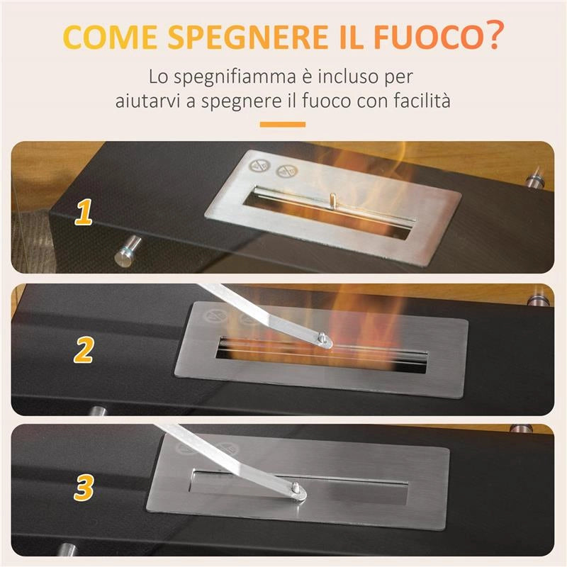CAMINO BIOETANOLO IN METALLO E VETRO 3H DI COMBUSTIONE CON SERBATOIO 1.5L E COPERTURA 25M² 60X26X50 CM NERO
