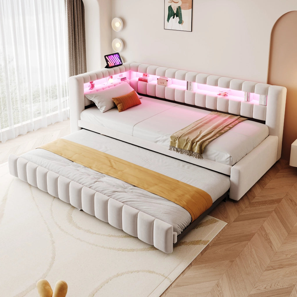 Divano letto estraibile ULEVR 90x200 cm con LED, USB e Type-C, vani integrati, velluto beige