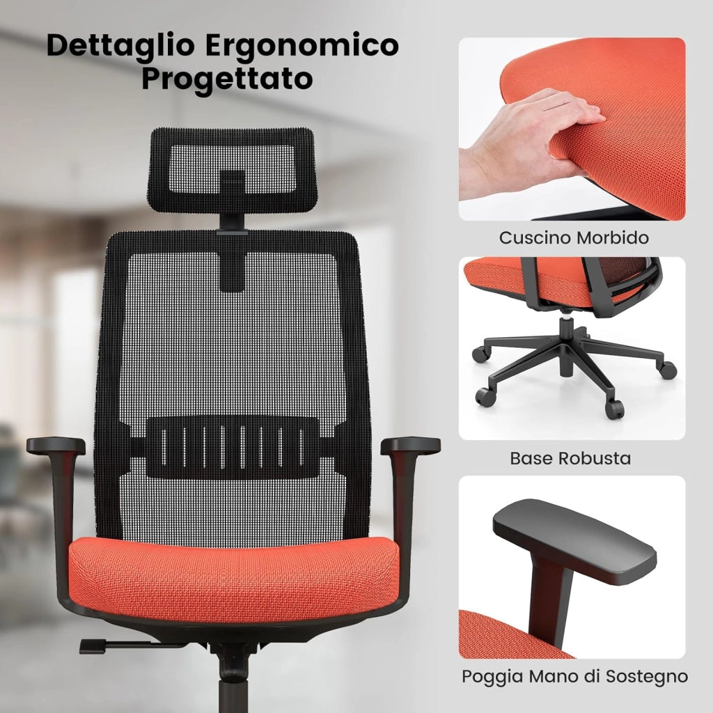 Sedia da Ufficio Regolabile in Altezza, Sedia da Scrivania Ergonomica con Schienale Traspirante, Supporto Lombare, Ruote, per Ufficio e Studio, Fino a 180 kg