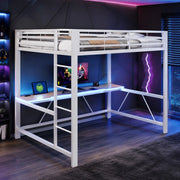 DESMIU Letto a soppalco 160 × 200 cm 2 posti con scrivania, LED e ripiani, senza materasso, in metallo, bianco