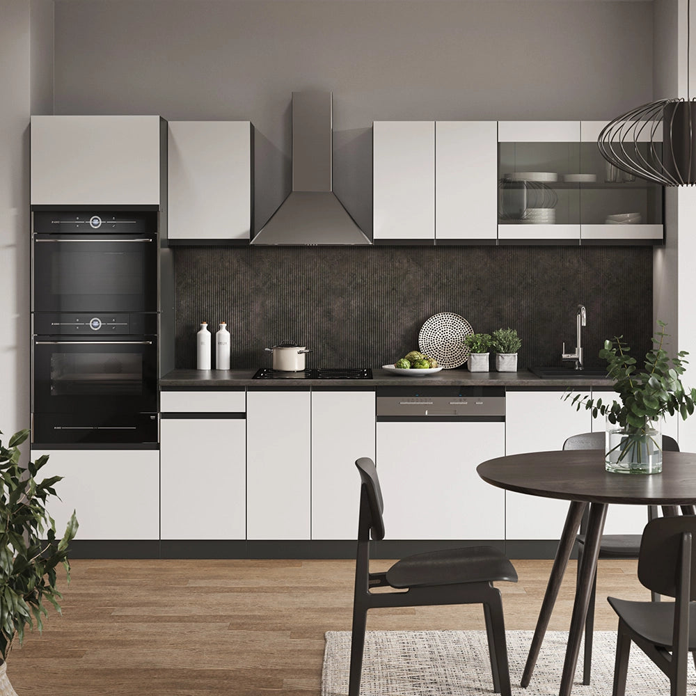 Vicco Cucina componibile Bianco/antracite 300 cm con armadio alto, PL Rovere