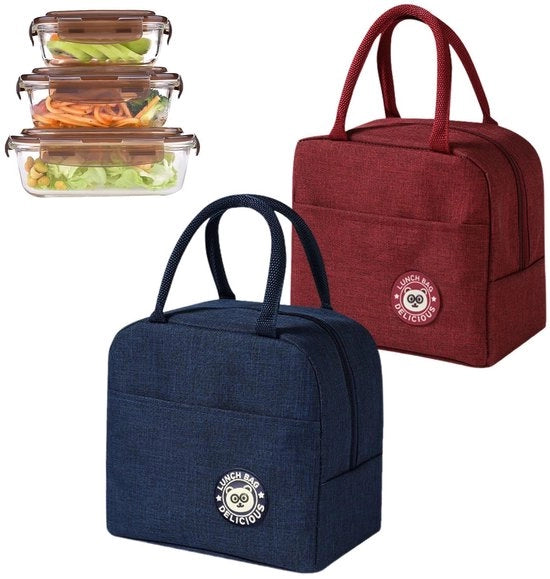 Set di due borse da picnic pieghevoli con foglio di alluminio (rosa bordeaux e blu marino) - Picnic set per ufficio, scuola, picnic - leggero e compatto