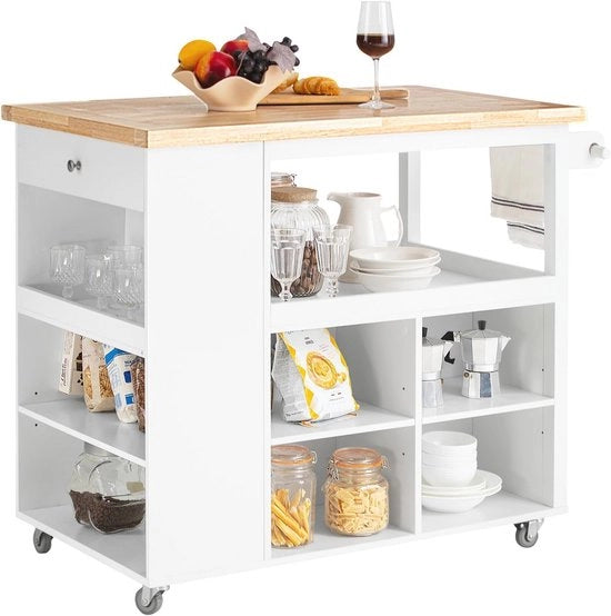 Tavolo Cucina Multifunzionale su Ruote - Comodino in Legno con Grande Spazio di Rifornimento, 108x60x90 cm