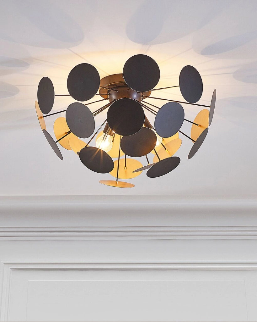 Lampada da Soffitto in Metallo dorato e Nero Emisfero Paralume di Cerchi 2 Lampadine Industriale Art Déco