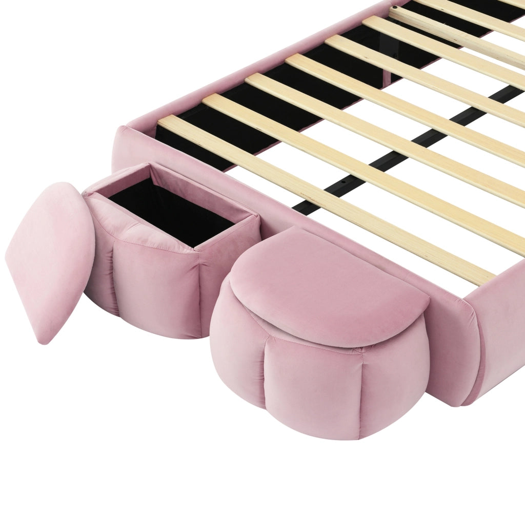 Letto imbottito singolo rosa 90x200 cm con orecchie da coniglio, LED e 2 pouf