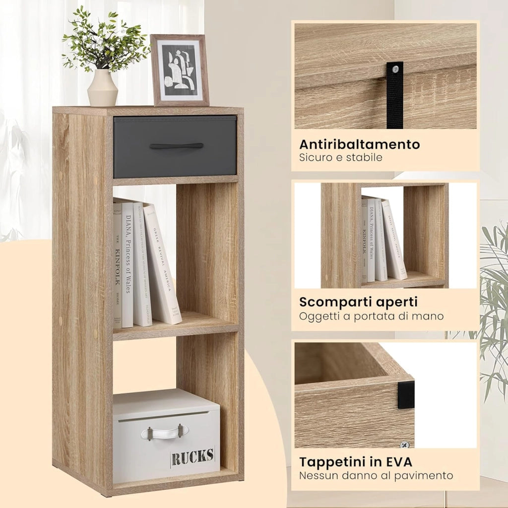 Libreria da Terra, Unità di Stoccaggio a Cubo a 3 Livelli con Cassetto, Unità di Scaffale in Piedi Scaffale a Cubo Aperto, per Studio, Camera da Letto e Soggiorno, Rovere chiaro, SK055hei
