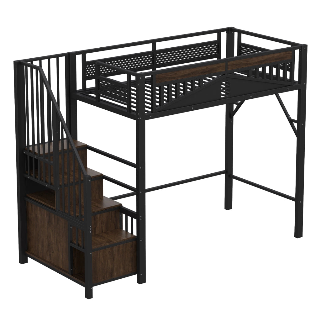 Letto a castello in metallo e legno nero 90x200 cm con recinzione di sicurezza e scala integrata
