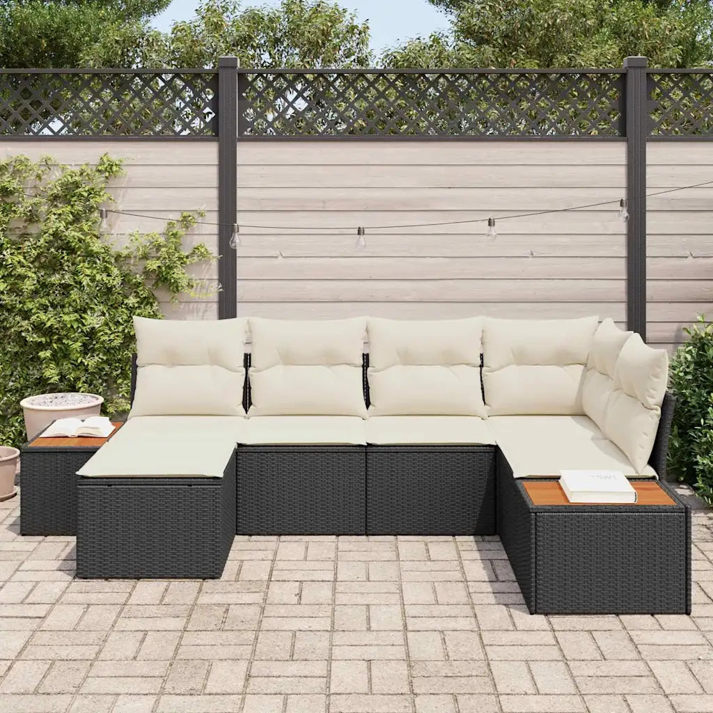Set Divano da Giardino 7 pcs Nero e Crema Polyrattan