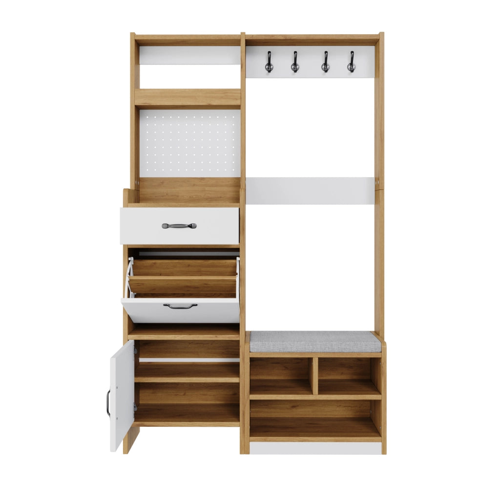 Garderoba da ingresso multifunzionale con scarpiera, panca e appendiabiti, 108,5 x 35 x 180 cm, bianco e naturale