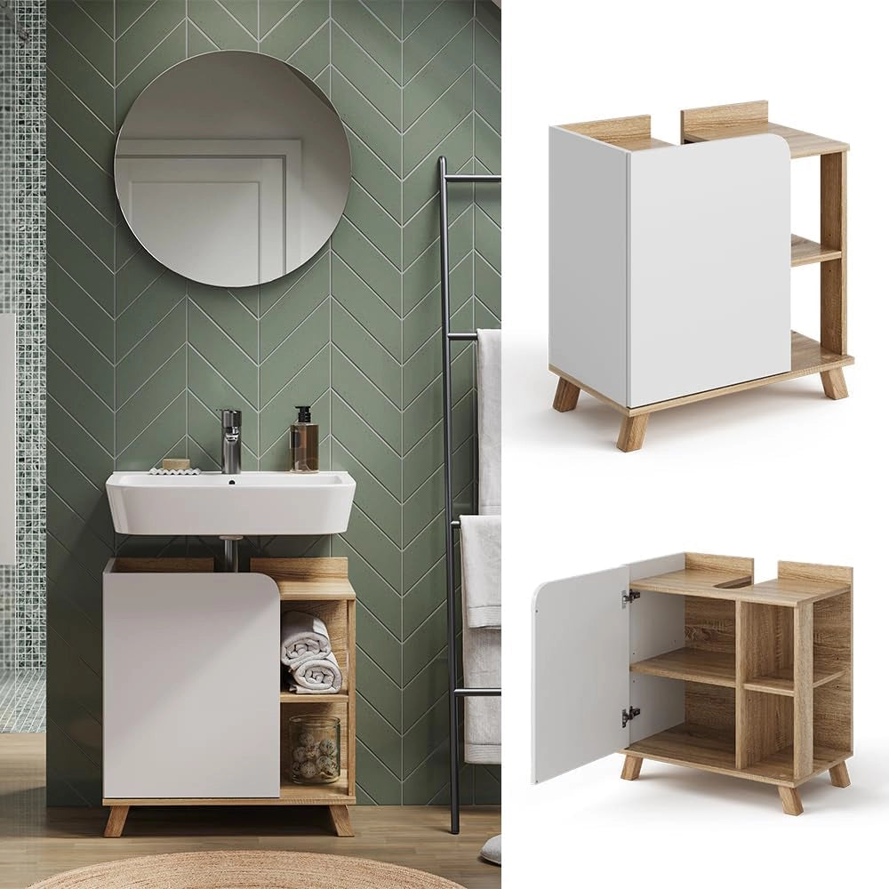Mobile sottolavabo per bagno Karen, Sonoma/Bianco, 60 x 65 cm con anta e vani a giorno, con ritaglio per sifone per il montaggio sotto il lavabo