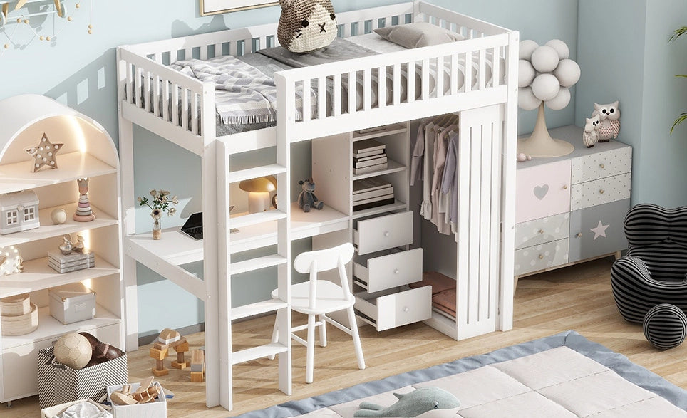 Letto a soppalco 90x200 cm bianco con scrivania e armadio