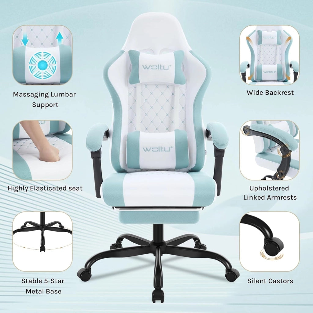 Sedia Gaming con Massaggio, Poltrona Ufficio Ergonomica, Ampia Sedia Girevole Imbottita per Computer con Cuscino Lombare Massaggiante, Carico 150 Kg, Tessuto a rete Bianco+Blu