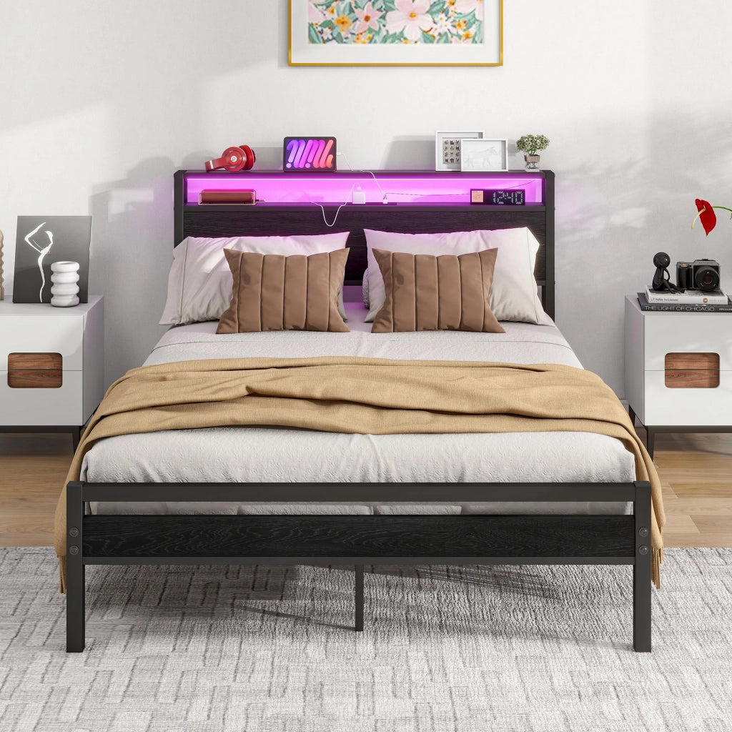 LETTO 120x200 cm in metallo e MDF nero con USB, presa e testiera con vani