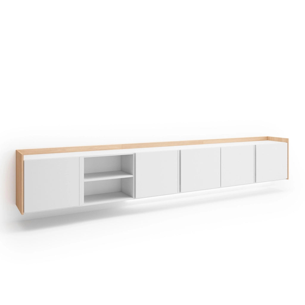 Mobile TV Soggiorno, 309x50x35 cm, Per TV fino a 80", Sospeso, da appendere, LED, Bianco e Rovere soft