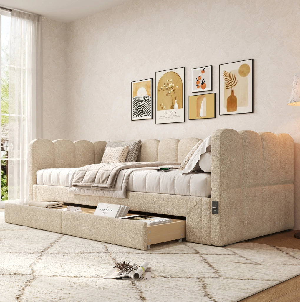 Daybett ausziehbar auf 180x200 cm mit 2 Schubladen; USB- und Typ-C-Anschluss; Chenille beige