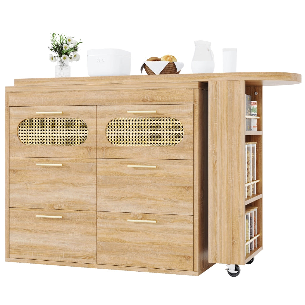 Tavolo Bar con 6 Cassetti e Ante in Rattan ¨C MINIMAL ¨C Metallo, Girevole 360¡ã