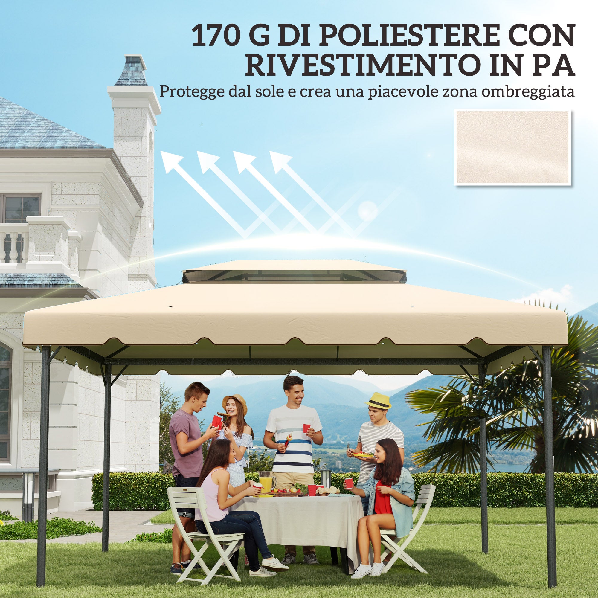 Tetto per Gazebo 3x4 m a 2 Livelli con 8 Fori di Drenaggio in Poliestere Bianco Crema