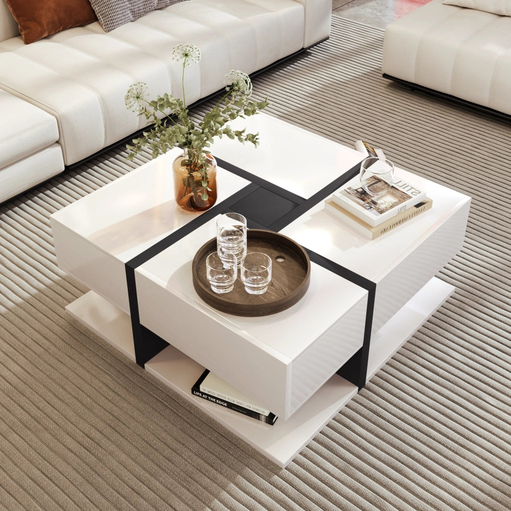 Tavolino da Caffè Quadrato con 4 Cassetti e Ripiano; Design a Linee; Bianco Lucido; in Pannello Truciolare; Bianco; 78×78×36 cm