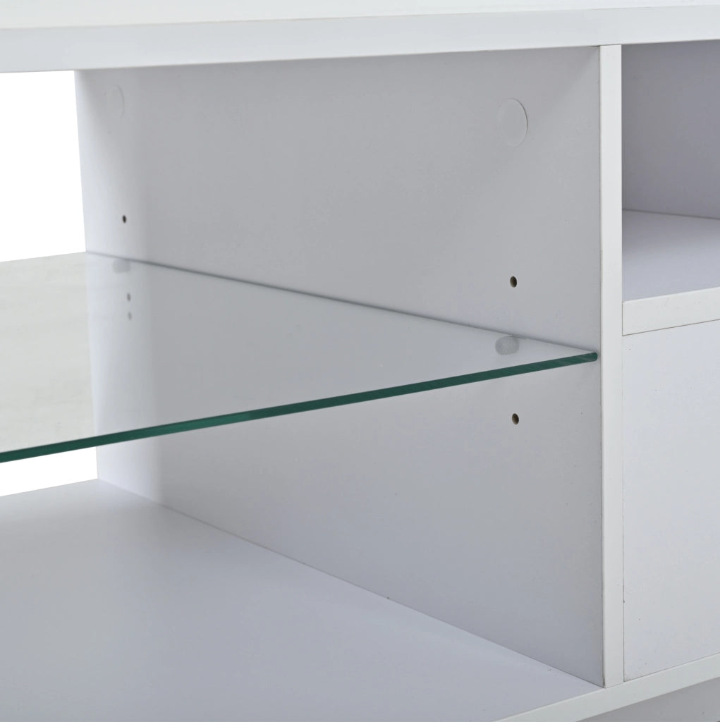 Tavolino da salotto 100 x 50 x 36 cm con 2 cassetti; LED; ripiani in vetro; bianco lucido