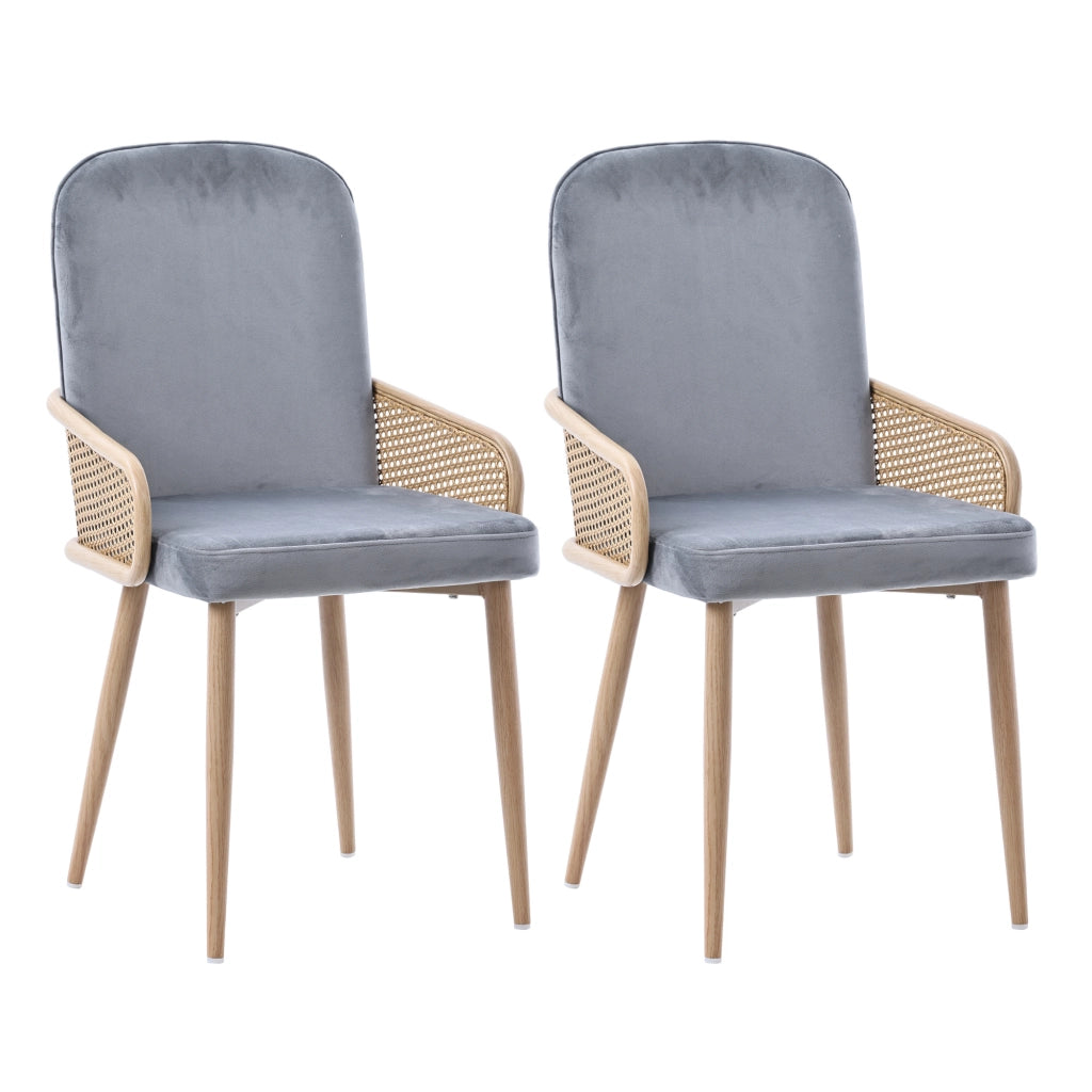 OKWISH Set di 2 Sedie da Pranzo, con Schienale Effetto Rattan e Gambe in Metallo, Stile Naturale, Velluto Grigio