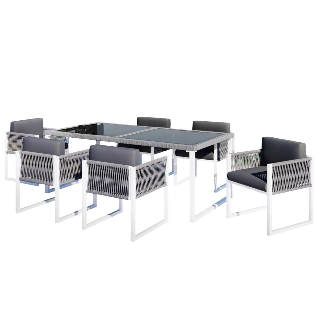 Set da pranzo da esterno 7 pezzi con tavolo in vetro temperato e 6 sedie; grigio e bianco