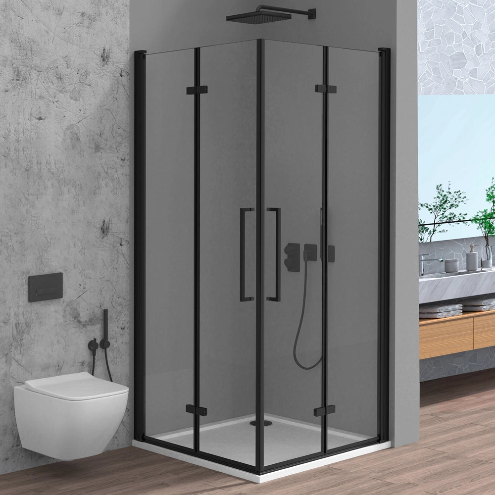Box doccia angolare doppio soffietto 90x70 in vetro temperato trasparente con profili nero opaco Neos