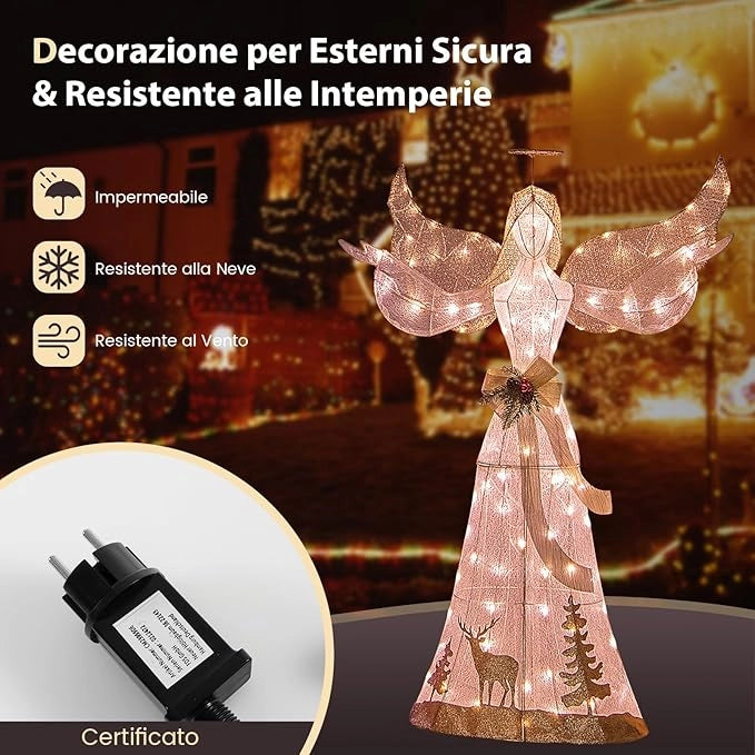 Angelo Natalizio Illuminato da Esterno 150 cm, Angelo 3D con 100 Luci Bianche Calde Pre-Illuminate, Decorazione Natalizia per Giardino, Cortile e Prato