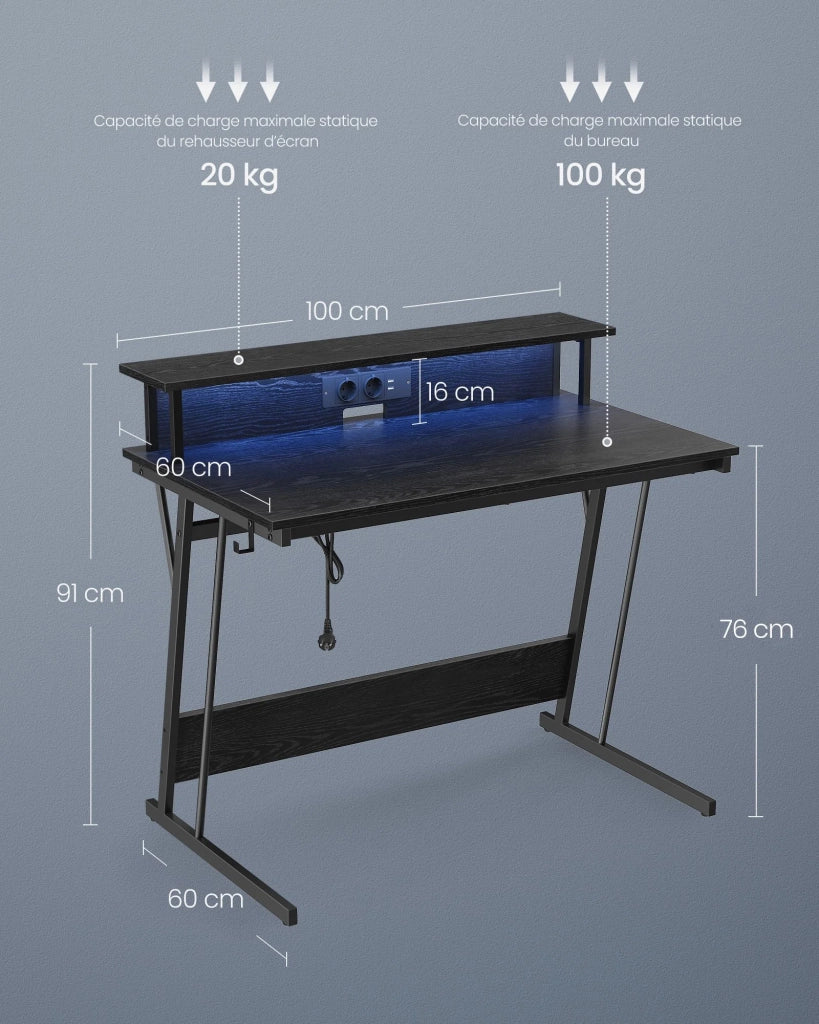 Scrivania da gioco con LED e multipresa tavolo da gioco scrivania per computer con alzata per schermo per 2 computer per camera da letto nera 12_0004634
