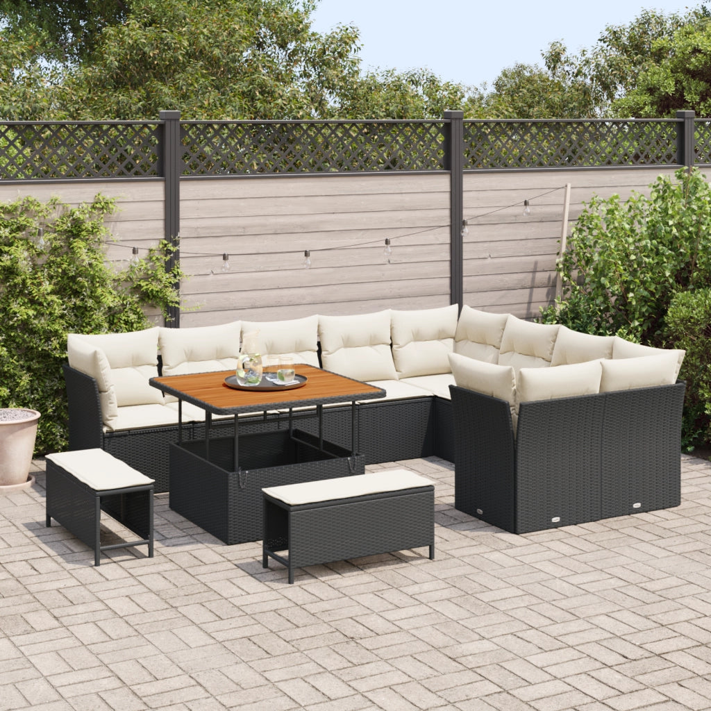 Set Divano da Giardino da 12 Pezzi con Cuscini Nero Polyrattan Acacia