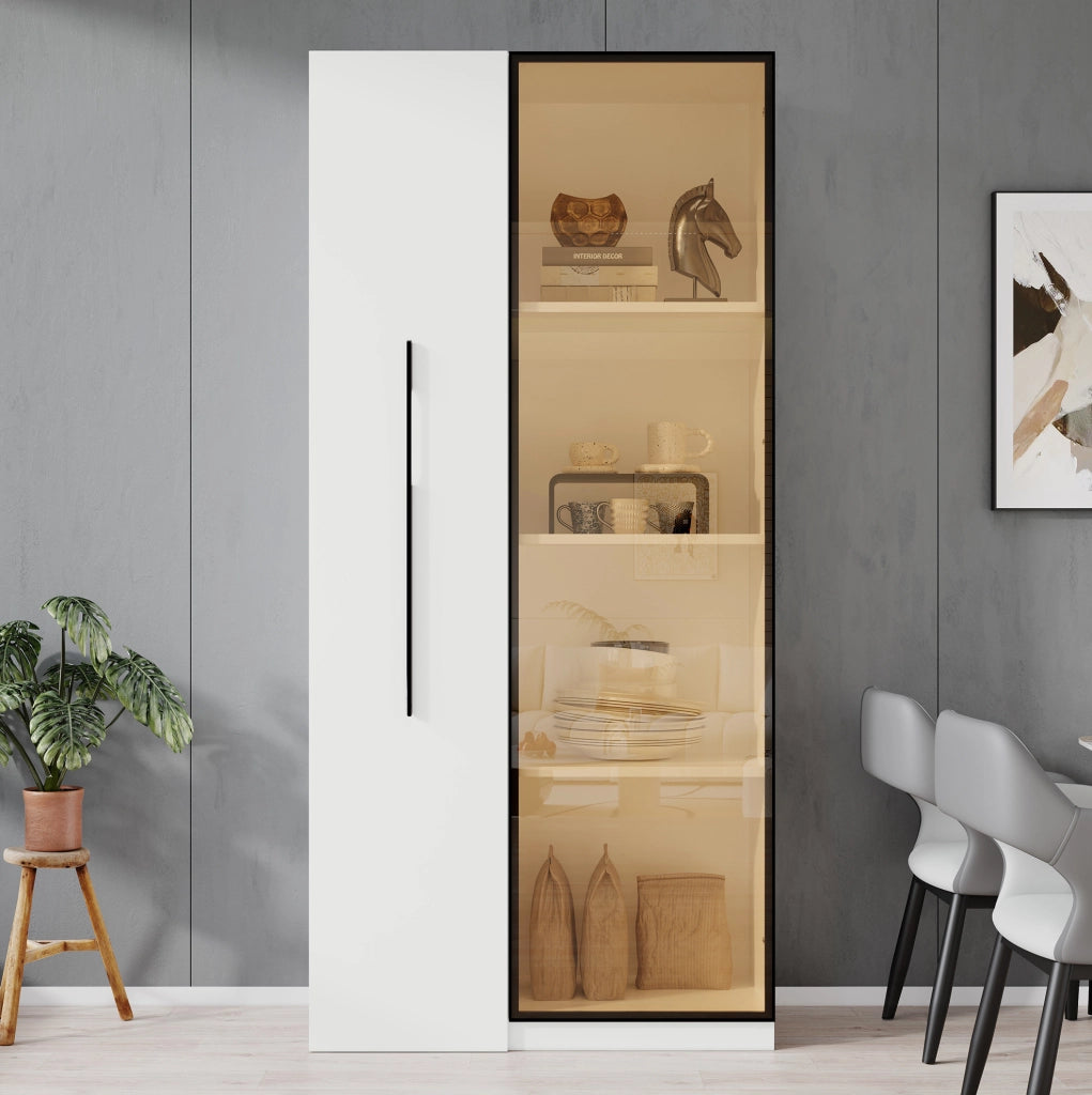Vetrina con libreria estraibile 70x40x160 cm bianca, MDF con LED e vetro