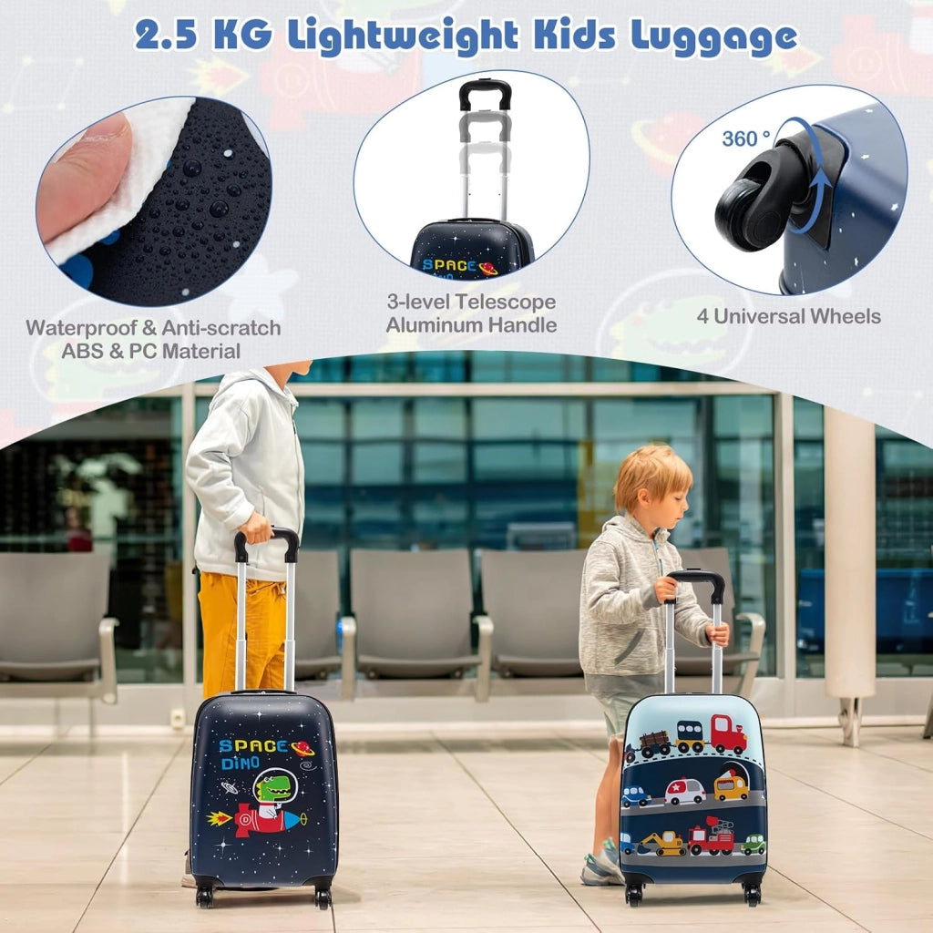 Set di 5 Pezzi Valigia 16’’ + Zaino 13’’ per Bambini, Bagagli 5-in-1 con Cuscino per Collo, Borsetta da Pranzo e Etichetta, Trolley con Maniglia Telescopica e Ruote Universali (Nero Dino-Space)