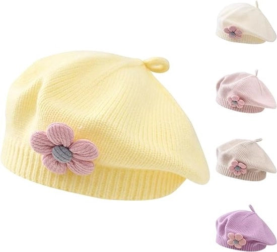 Baret invernale caldo per bambini - Cappello per bambini con disegno di fiori - Giallo