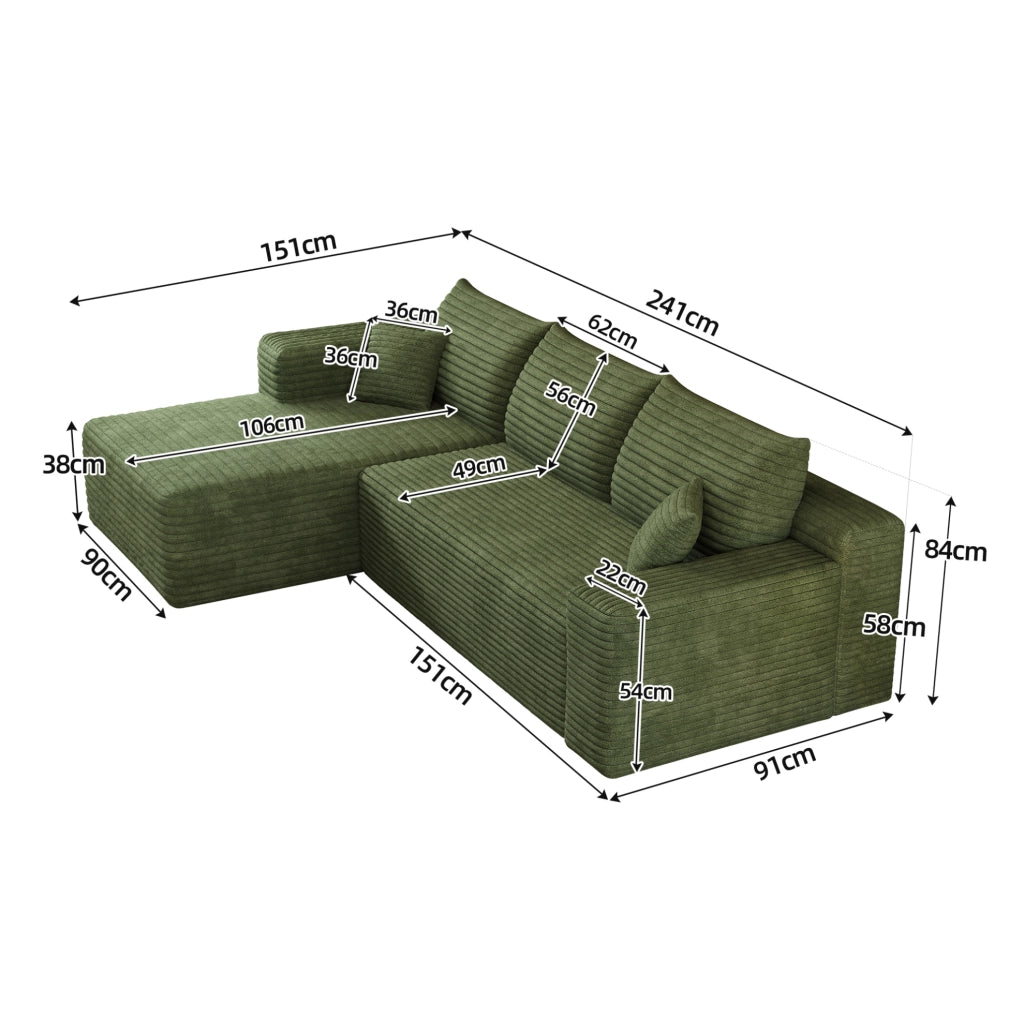 Divano angolare a L 241x151x58 cm in tessuto verde; modulare; senza montaggio