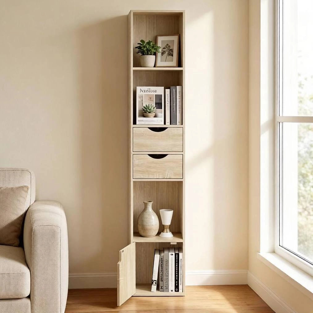 Libreria stretta in rovere chiaro con 2 cassetti e anta