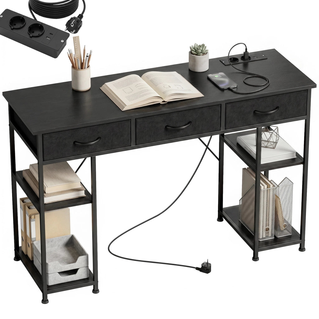 Scrivania con cassetti e ripiani ¨C Xylo ¨C 3 cassetti in tessuto, 4 ripiani, prese elettriche, 120x40x76 cm, nero