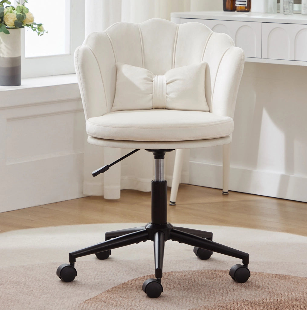 Sedia girevole regolabile in velluto beige con cuscino lombare