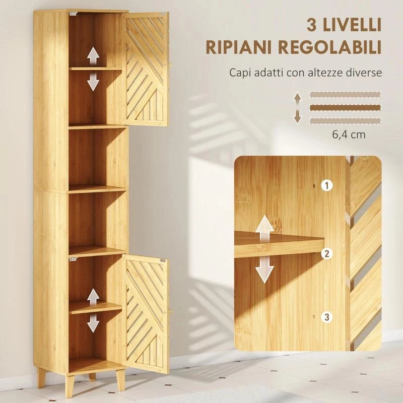 MOBILE COLONNA BAGNO CON 2 ARMADIETTI E 2 RIPIANI CON SCAFFALE REGOLABILE, IN BAMB¨ E TRUCIOLATO, 32X30X170 CM