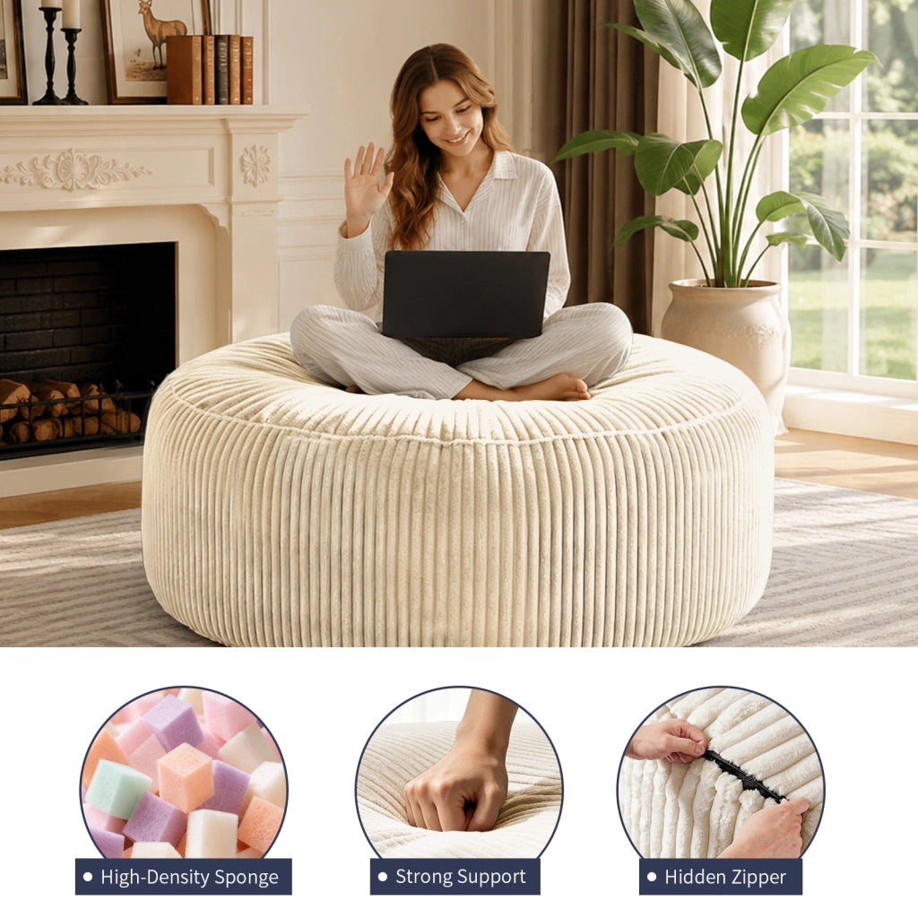 Fauteuil pouf rotondo con imbottitura in memory foam granulare e fodera in velluto a coste bianco