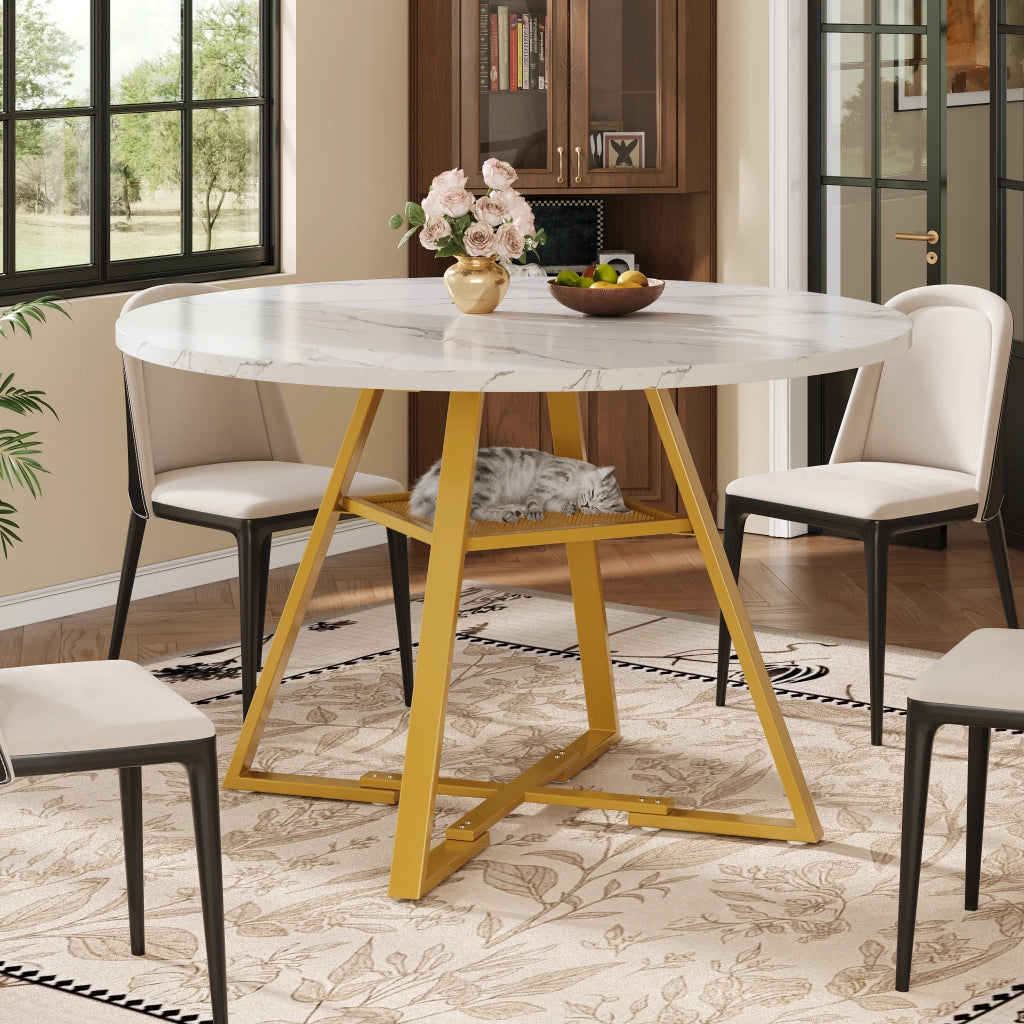 Tavolo da Pranzo Rotondo ¨C MINIMAL ¨C Effetto Marmo, Gambe in Metallo, Nero/Bianco