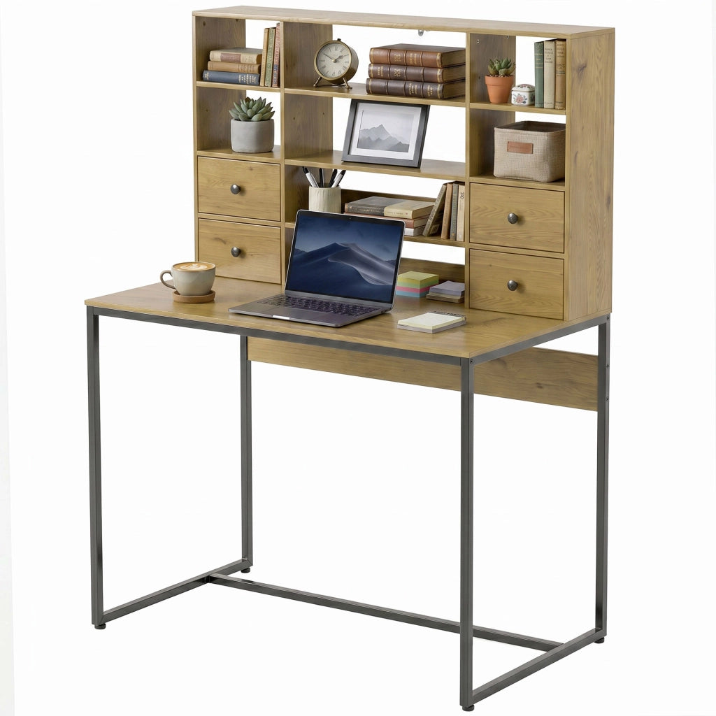 Scrivania computer 105 cm con 4 cassetti e mensole regolabili, colore legno naturale, pratica e salvaspazio per casa e home office