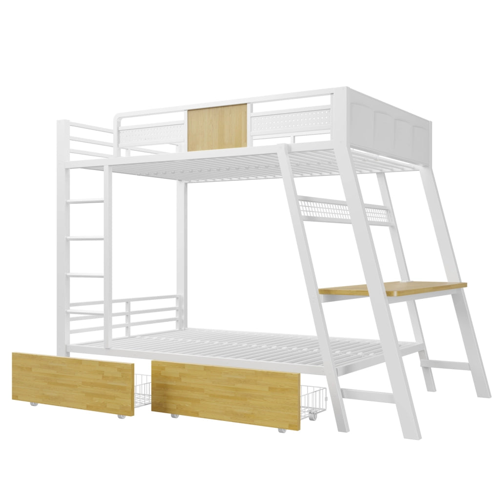Letto a castello 90x200 cm bianco in metallo; scrivania con prese USB e Type-C