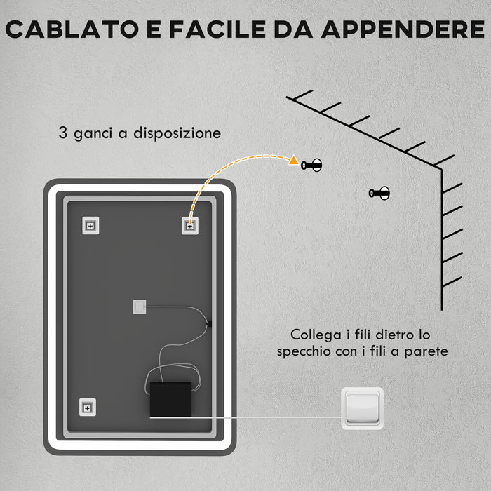 Specchio Bagno da Parete 70x100 cm con Interruttore Touch e Luce LED in Vetro Temperato Argento