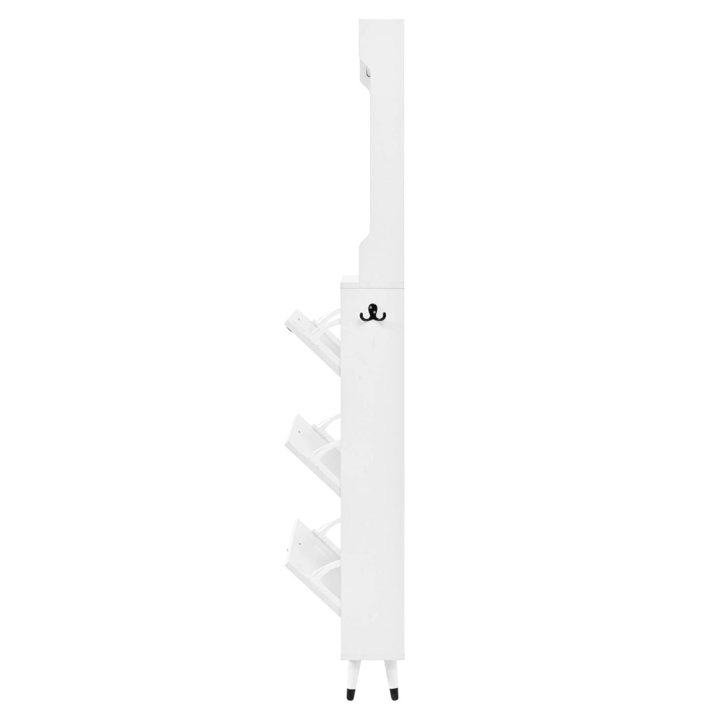 Mobile da ingresso con scarpiera a 3 ante ribaltabili, ganci e barra appendiabiti, per corridoio, bianco, 66 × 17 × 180 cm