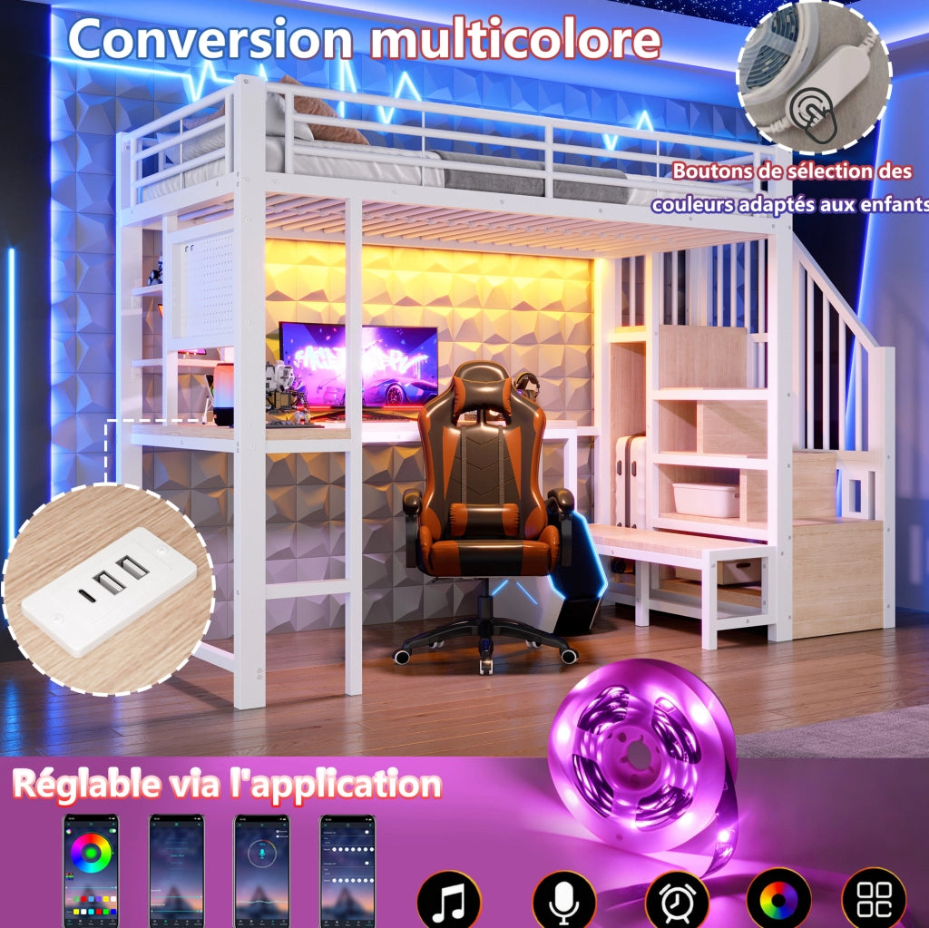 Hochbett 90x200 cm con scrivania; pannello forato; scale con ripiani; LED e porte USB; bianco