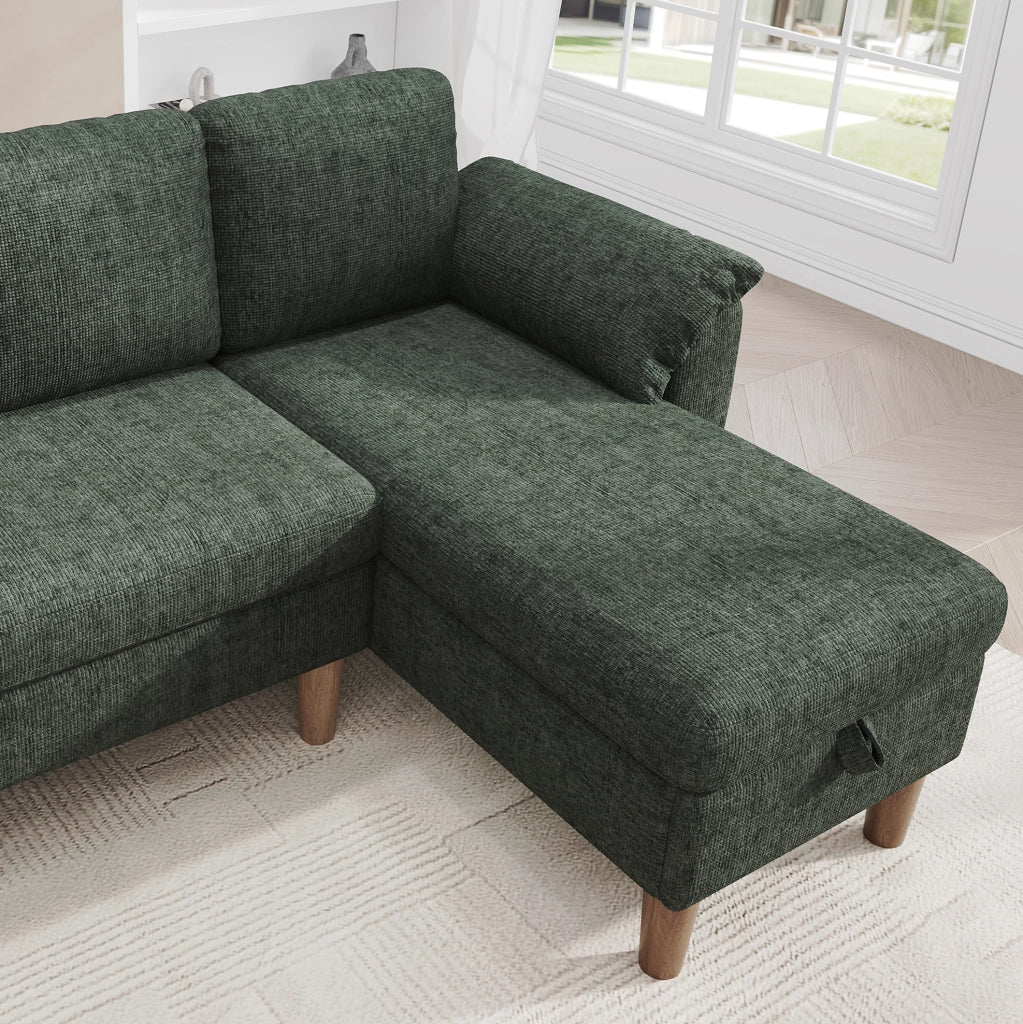Divano angolare modulare 3 posti con chaise longue reversibile; contenitore; USB e Type-C; ciniglia verde