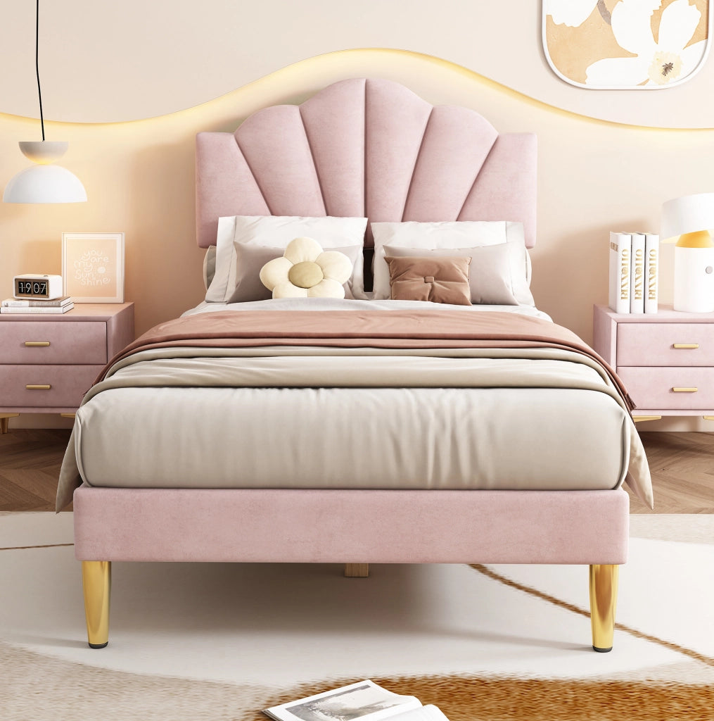 Letto imbottito in velluto rosa 90 x 200 cm con testiera regolabile